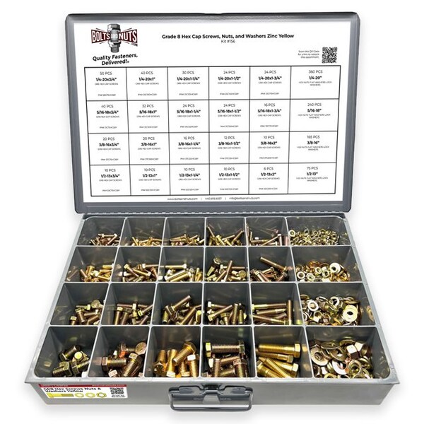 Boltsandnuts.Com Grade 8 Hex Cap Scrws, HexNuts, Flat & Lock Wshrs Zinc Yellow 1/4in, 5/16in 3/8in, & 1/2in -1269PCS Assortment Kit #156 - main